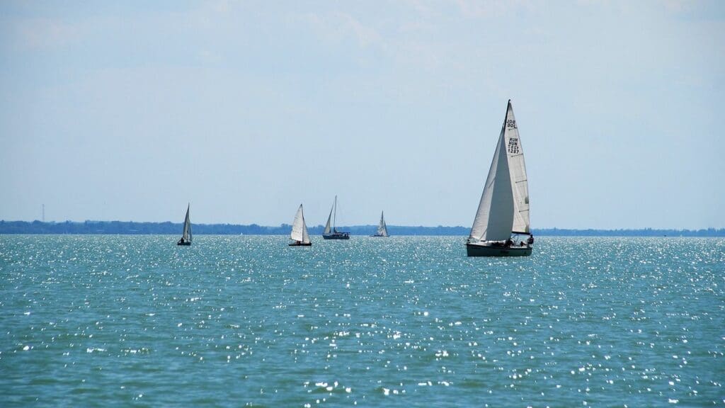 Lake Balaton with sailing boats.