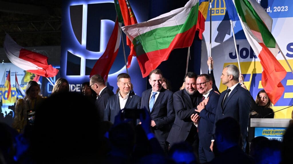 Italian deputy Prime Minister Matteo Salvini (3rdR) stands on stage with German co-leader of Alternative for Germany (AfD) Tino Chrupalla (2ndR), member of the Austrian Freedom Party (FPOe) Harald Vilimsky (4thR), Head of Czech Freedom and Direct Democracy (SPD) Tomio Okamura (5thR) and the head of Bulgarian party Revival, Kostadin Kostadinov at the end of a convention of the EP leaders of the ID on 3 December 2023 at the Fortezza da Basso in Florence.