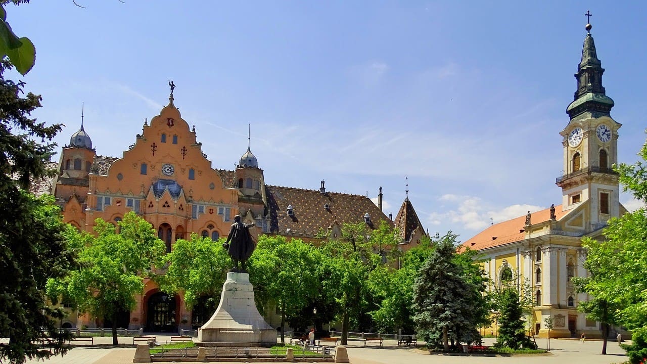 Kecskemét main square with the Town Hall in the background