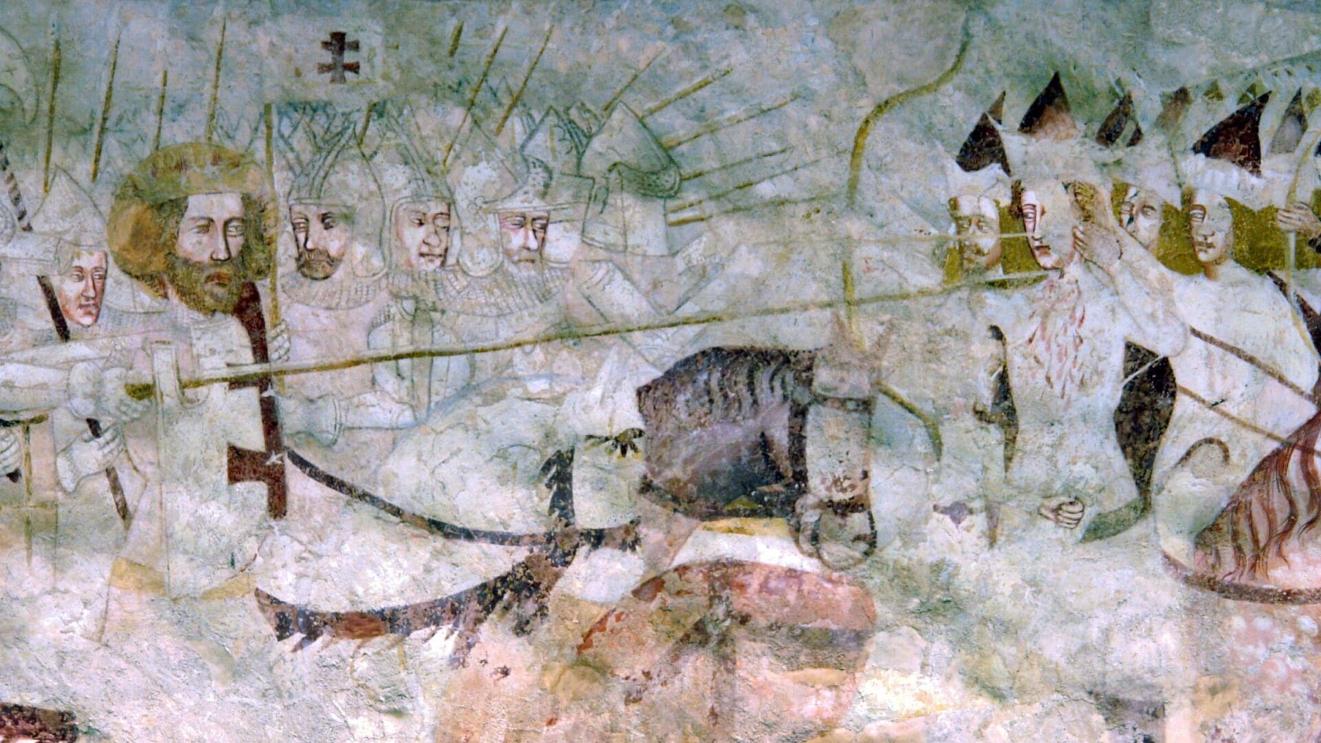 St Ladislaus fighting the Cumans — detail of a mural in the Early Gothic (14th c.) Lutheran church of Karaszkó (Kraskovo), Slovakia