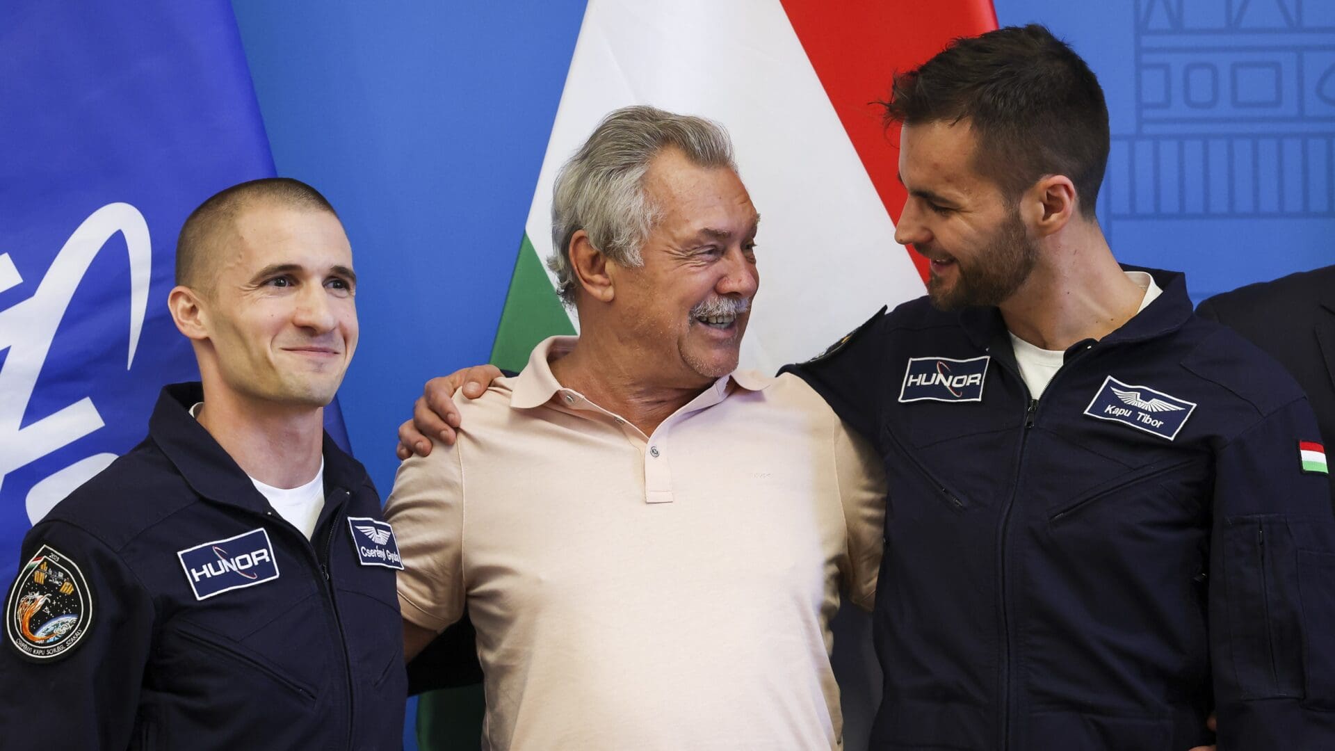 Gyula Cserényi (L), Bertalan Farkas (C) and Tibor Kapu at a ceremony in honour of the selected astronauts at the Ministry of Foreign Affairs and Trade on 28 May 2024