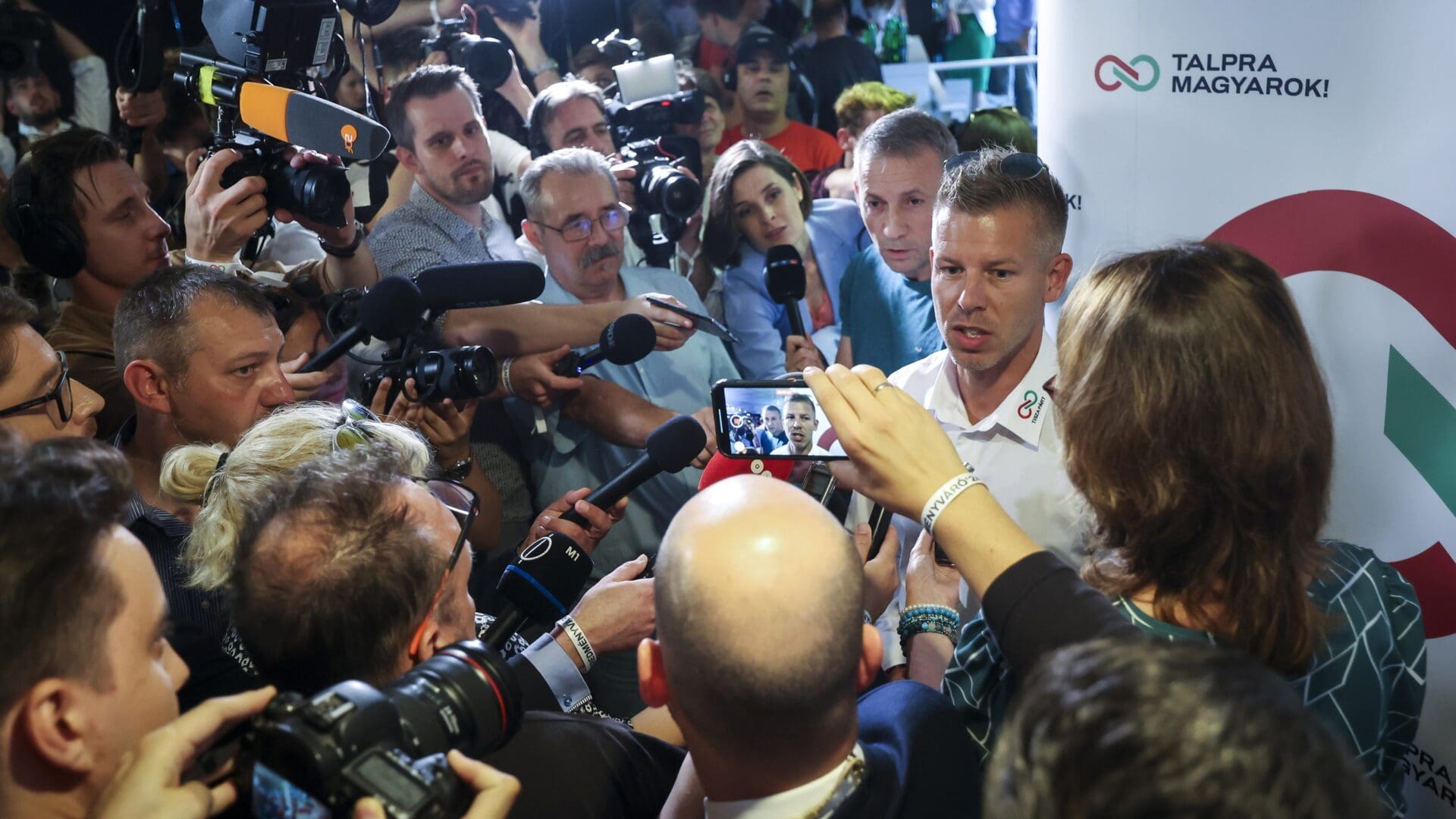 TISZA Party deputy chairman Péter Magyar engages with the media on the evening on the 9 June elections in Budapest