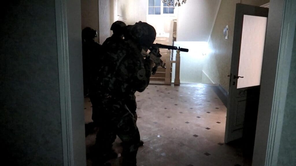 Special police in action after more than 15 police officers were killed in an armed attack against a Makhachkala checkpoint in Dagestan, Russia on 24 June 2024.