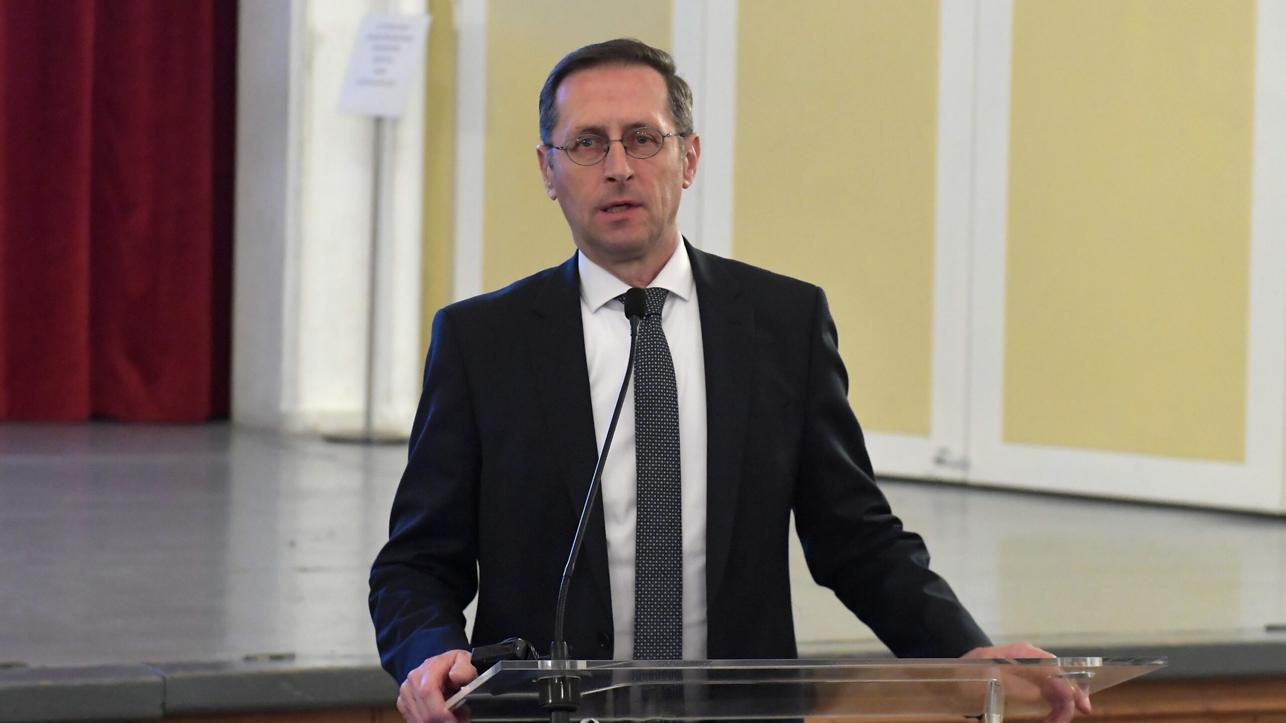 Hungarian Minister of Finance Mihály Varga speaks at a press conference in Budapest on 28 November 2024.