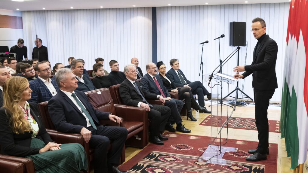 Hungarian Minister of Foreign Affairs and Trade Péter Szijjártó speaks at the University of Nyíregyháza on 6 December 2024.