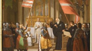 Andrew II, King of Hungary, leading a crusade to the Holy Land, joins the Order of the Knights Hospitallers of Saint John of Jerusalem and receives the knight’s habit from Grand Master Guérin de Montaigu in Saint John of Acre, 1218.