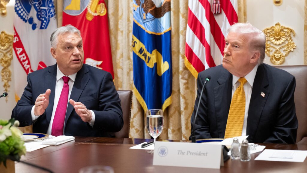 Hungarian Prime Minister Viktor Orban (L) speaks during a meeting with US President Donald Trump in the Cabinet Room of the White House in Washington, DC on November 7, 2025. (Photo by SAUL LOEB / AFP)