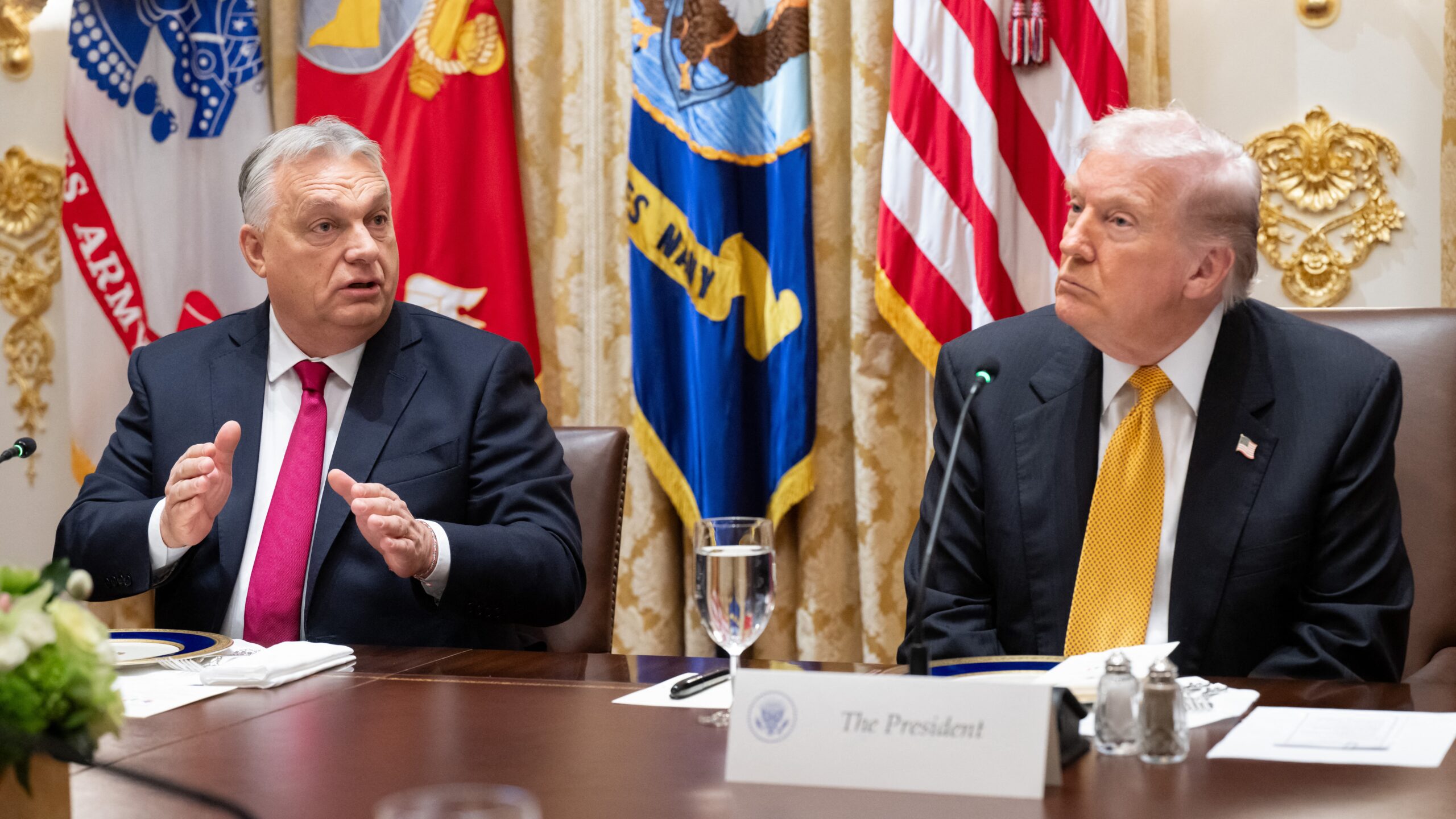 Hungarian Prime Minister Viktor Orban (L) speaks during a meeting with US President Donald Trump in the Cabinet Room of the White House in Washington, DC on November 7, 2025. (Photo by SAUL LOEB / AFP)