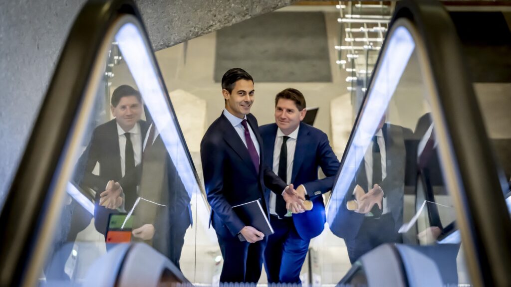 Rob Jetten (D66) and Jan Paternotte (D66) arrive for a meeting with informateur Sybrand Buma.