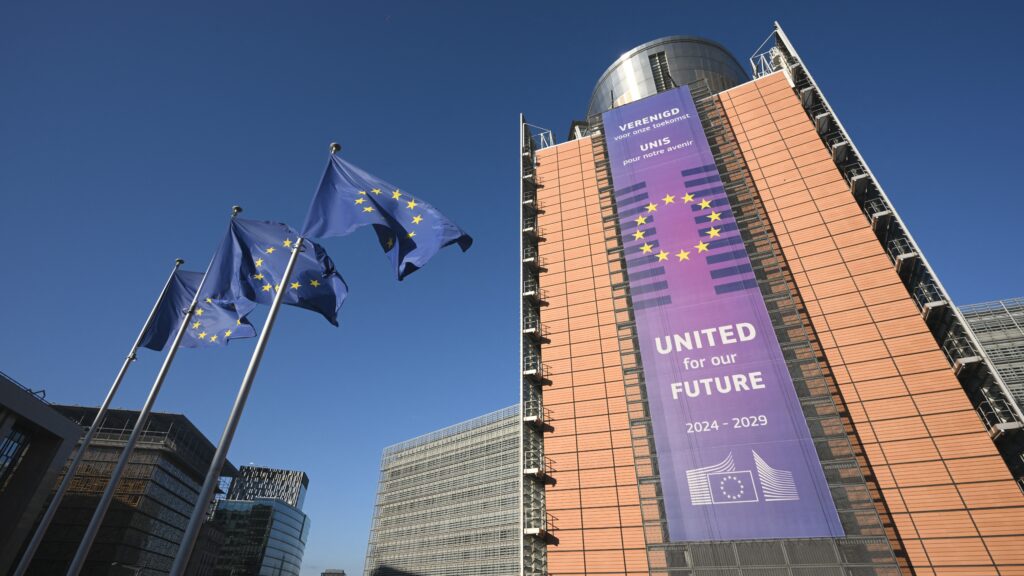 This photograph shows an outside view of the Berlaymont building, the European Union Commission headquarters, in Brussels on December 15, 2025.