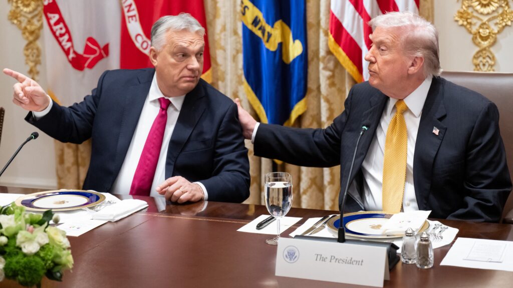 US President Donald Trump (R) and Hungarian Prime Minister Viktor Orban hold a meeting in the Cabinet Room of the White House in Washington, DC on November 7, 2025.