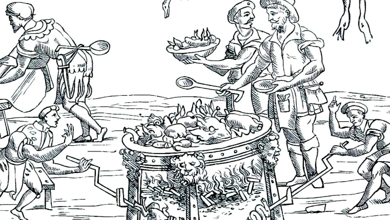 Woodcut depicting a 16th-century Italian kitchen