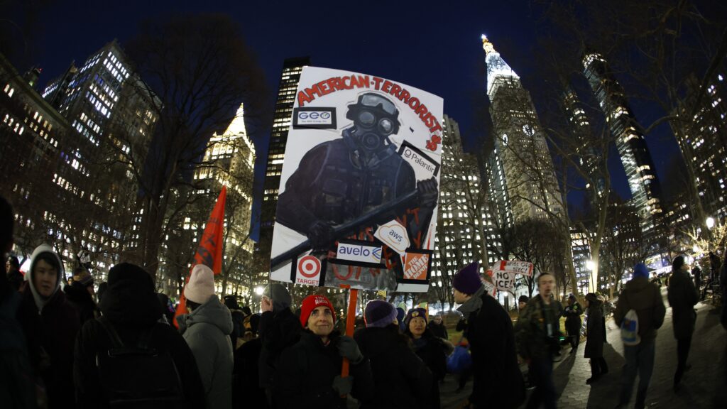 People participate in a protest in solidarity with Minneapolis and against US President Donald Trump and US Immigration and Customs Enforcement (ICE) in New York City, United States, on January 23, 2026.