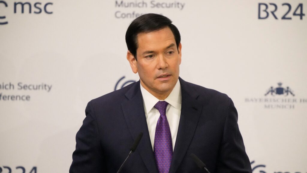 US Secretary of State Marco Rubio gives a speech during the 62nd Munich Security Conference (MSC) on February 14, 2026 in Munich, southern Germany.