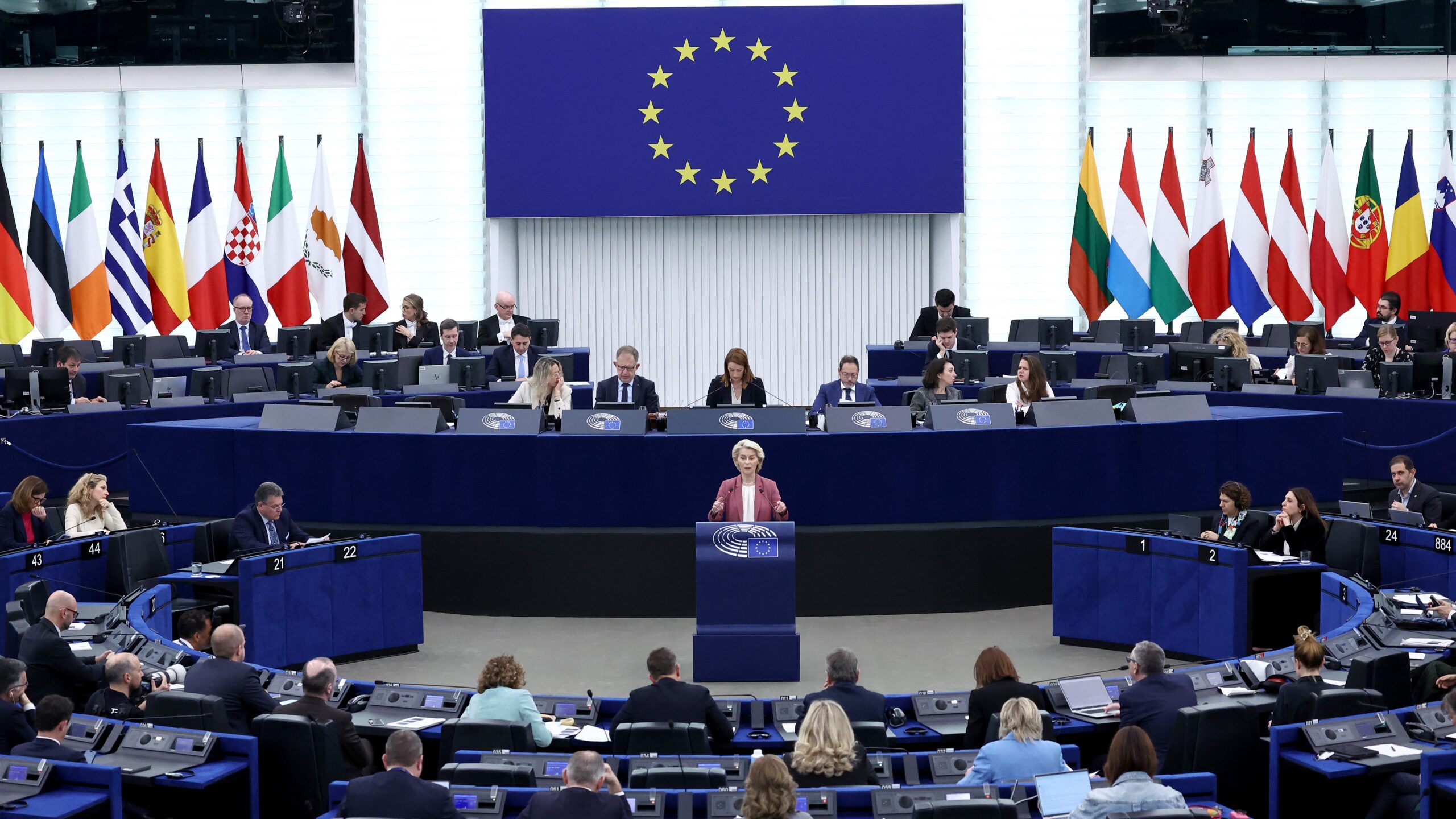 uropean Commission President Ursula von der Leyen speaks during a joint debate on the preparation of the European Council meeting on March 19 and 20, 2026 and on the US-Israeli military operation against Iran, at the European Parliament in Strasbourg, eastern France, on March 11, 2026.