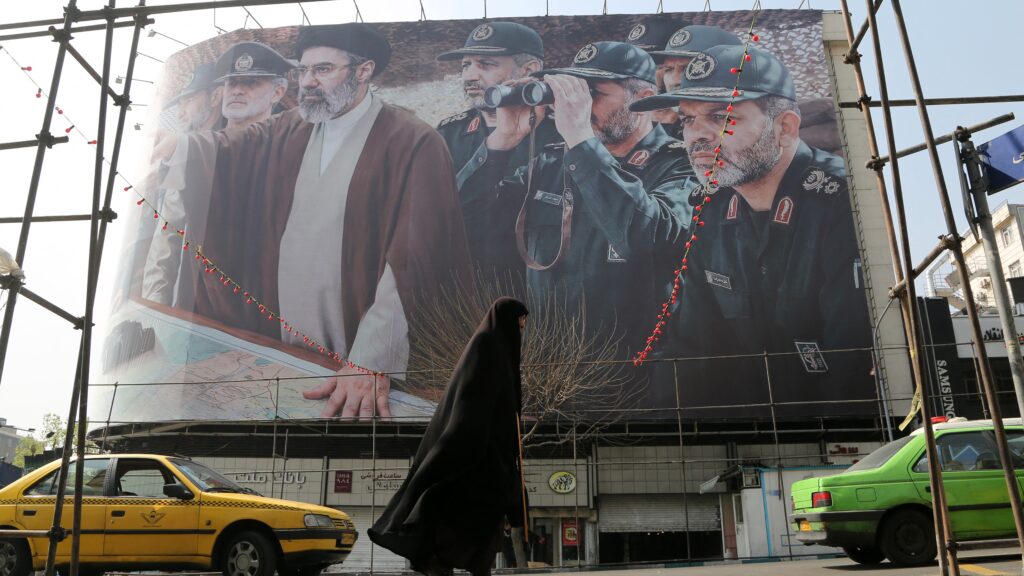 A view of a banner featuring Iranâ€™s new Supreme Leader Mojtaba Khamenei and senior commanders of the Islamic Revolutionary Guard Corps (IRGC) as the attacks by the United States and Israel against Iran continue on March 14, 2026.