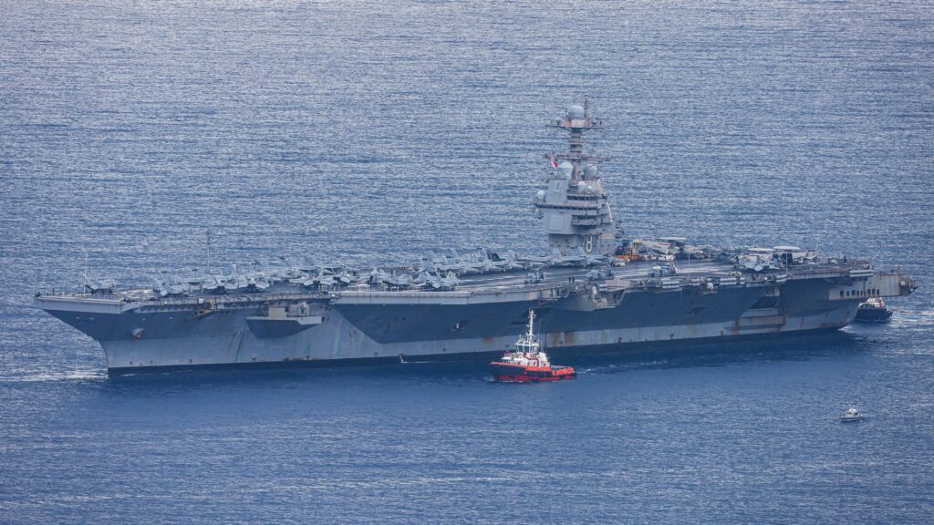 The world's largest aircraft carrier USS Gerald R. Ford arrives at Souda Bay naval base after having been part of Middle East war operations, on the island of Crete on March 23, 2026.
