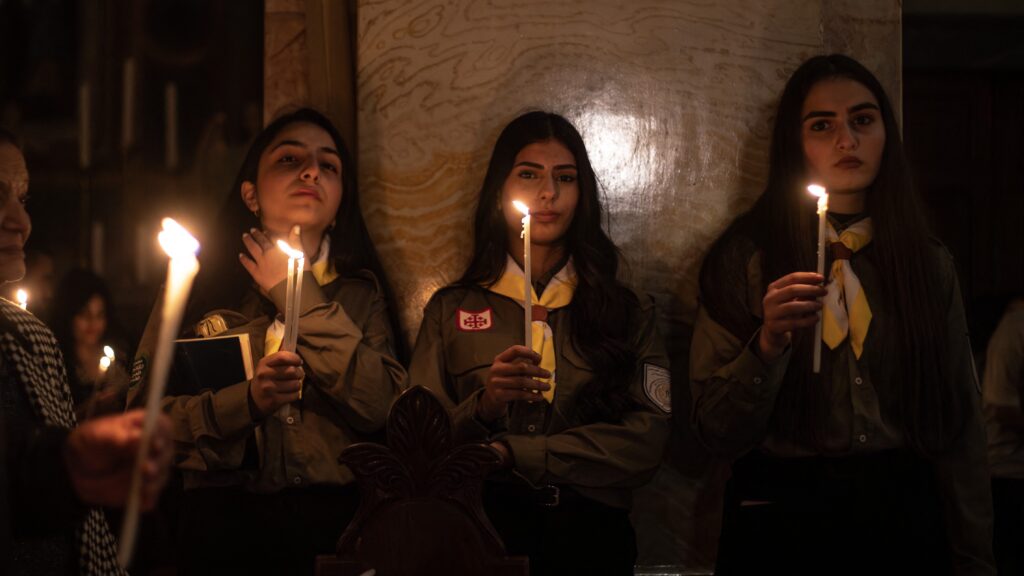 Catholic Christians celebrate â€œHoly Saturday,â€ also known as â€œEaster Eve,â€ ahead of the Easter holiday at the Church of the Holy Sepulchre in Jerusalem on April 4, 2026.