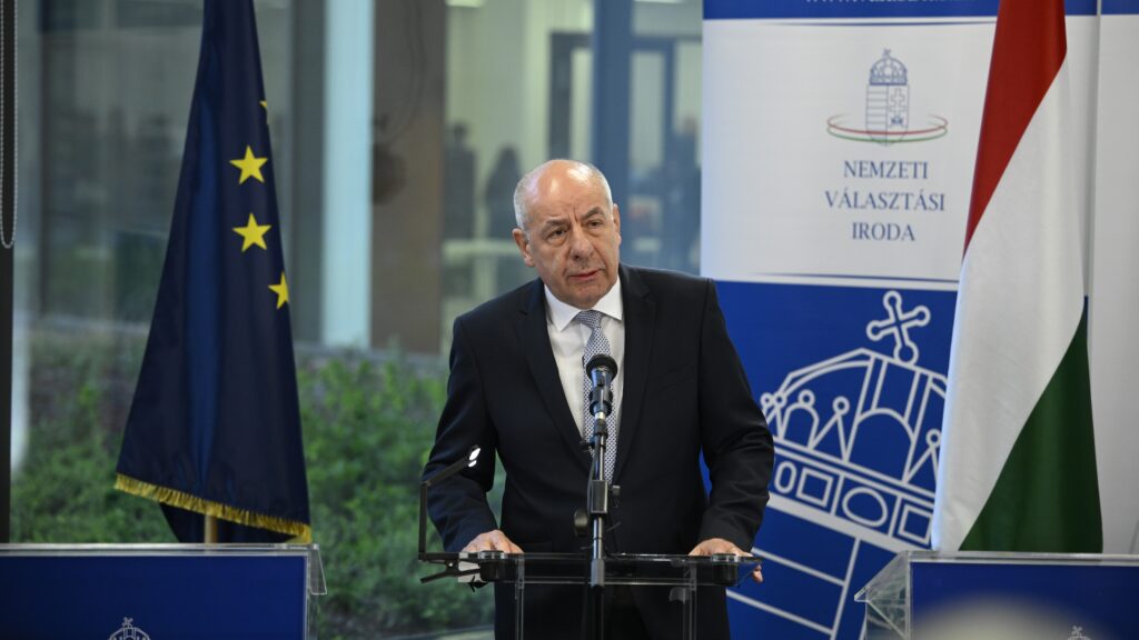 President of the Republic Tamás Sulyok makes a press statement at the National Election Office (NVI) after voting has officially concluded in the parliamentary elections on 12 April 2026.