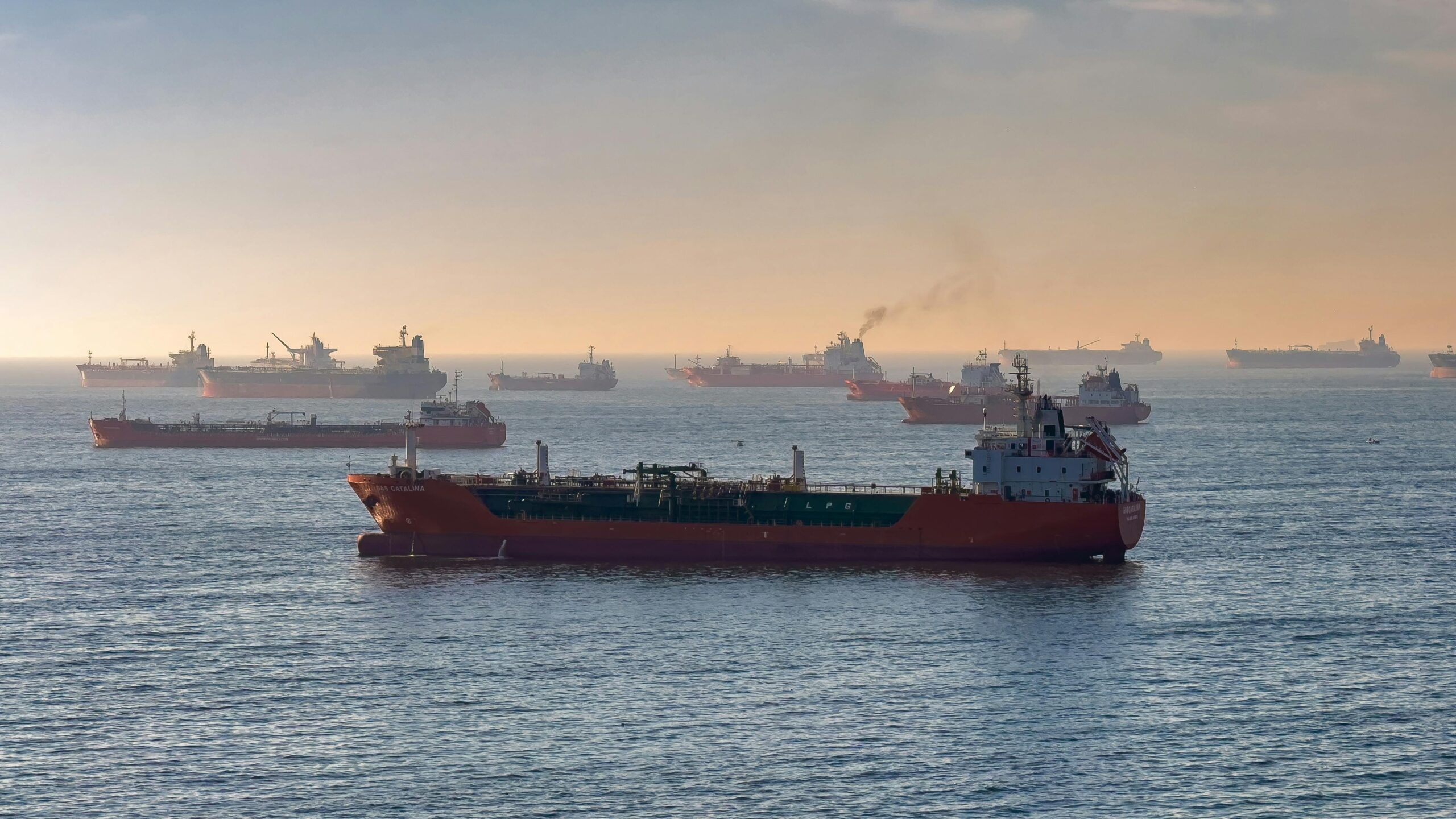 Cargo ships and oil tankers on the Bosporus strait