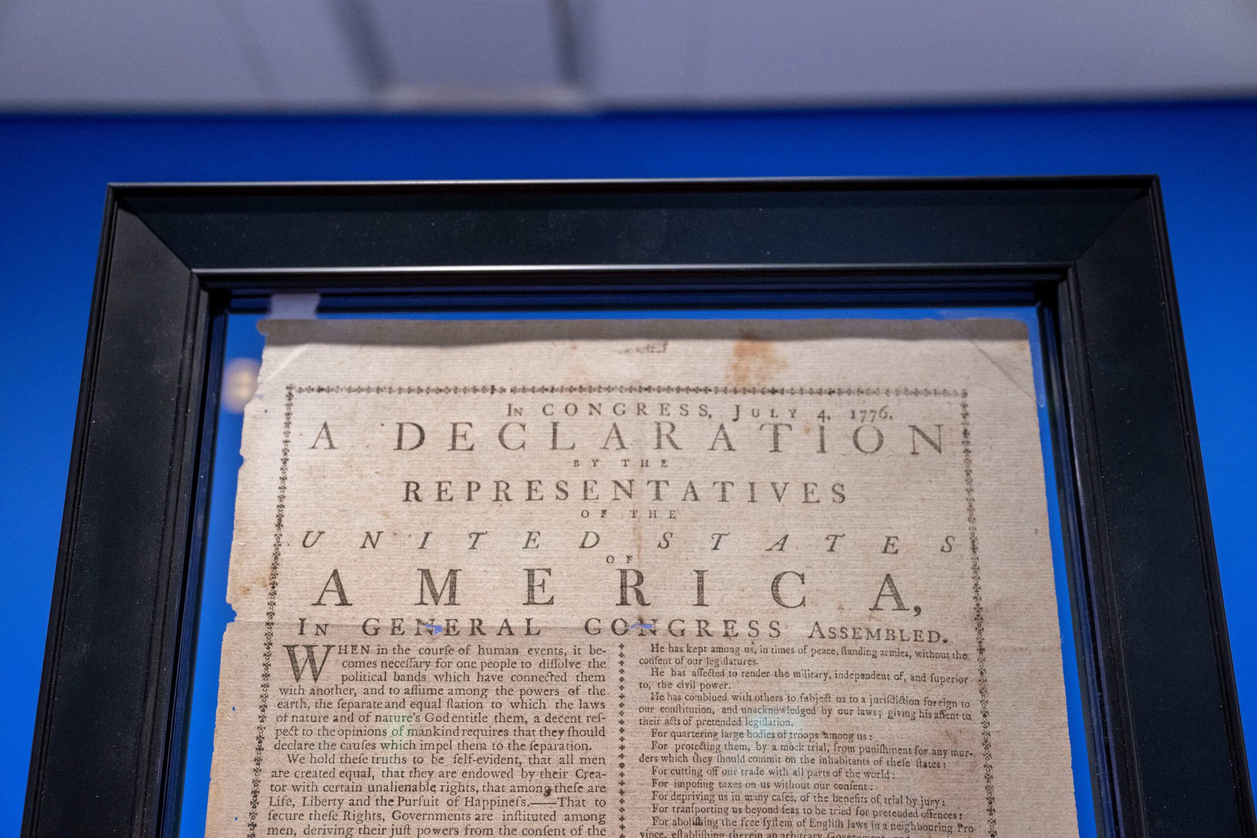 The US Declaration of Independence is on display at Sotheby’s in New York on June 25, 2024 (Photo by ANGELA WEISS / AFP)
