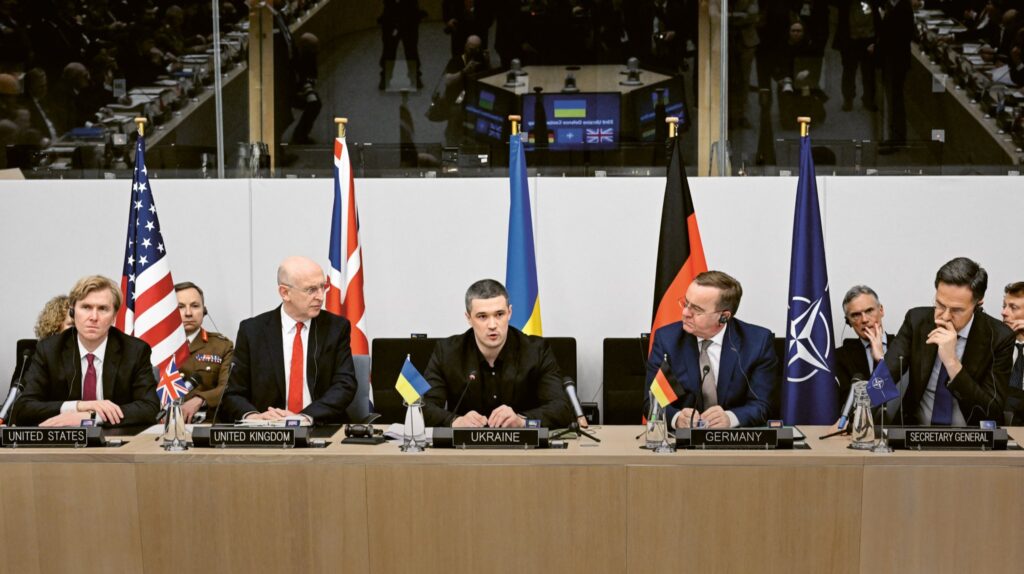 US Under Secretary of War for Policy Elbridge Colby, Britain’s Defence Secretary John Healey, Ukraine’s Defence Minister Mykhailo Fedorov, Germany’s Defence Minister Boris Pistorius, and NATO Secretary General Mark Rutte address the media during a NATO defence ministers’ meeting at NATO Headquarters in Brussels, 12 February 2026