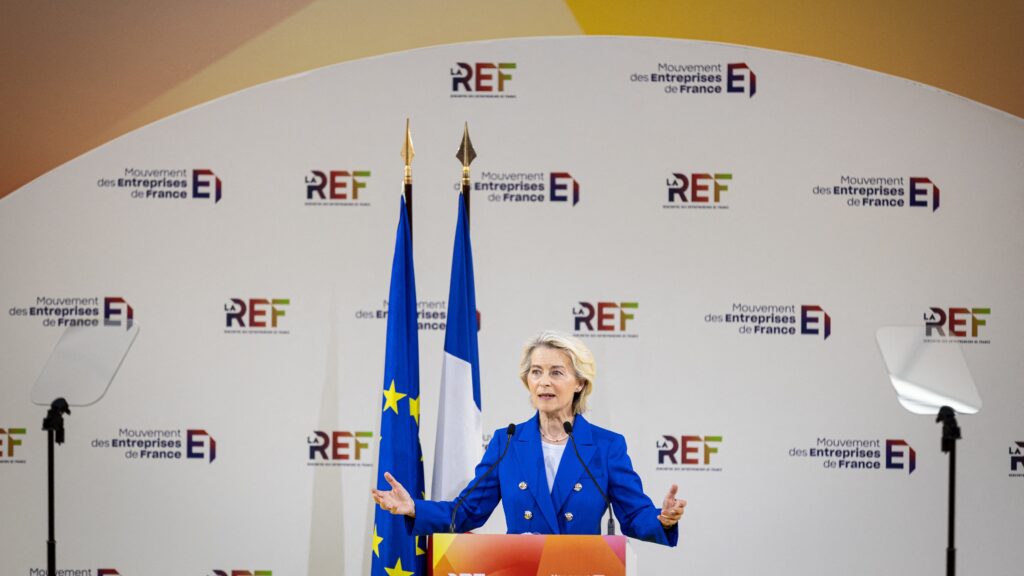 Ursula von der Leyen, President of the European Commission, speaks during La REF 2026, the French Entrepreneurs Conference, organized by the French Business Federation (MEDEF), at Roland-Garros Stadium in Paris, France, on August 27, 2026. (Photo by Telmo Pinto/NurPhoto) (Photo by Telmo Pinto / NurPhoto / NurPhoto via AFP)